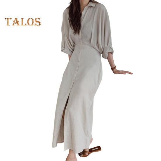 Women Spring Fall Dress Loose Lapel Solid Color Single-breasted Split Hem Soft Long Sleeve Retro Casual Commute Pleated Maxi Dress