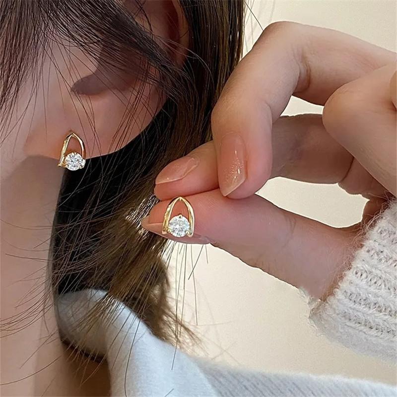 925 Sterling Silver Plating 14K Gold Single Zircon Geometric Earrings for Women Simple Ear Studs Fashion Party Fine Jewelry