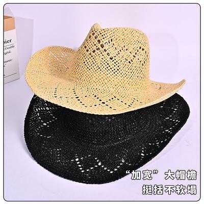 Summer Sunscreen Seaside Beach Hat Women's Hollow Sunshade Hand-woven Straw Hat Retro Western Cowboy Hat