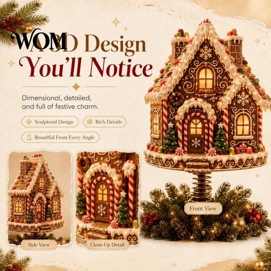 Uniek Winter Huis Ornament Verlichte Kerstboom Topper, Verlichte Kerstman Peperkoek Notenkraker Boomtop Warm Wit LED Topper met