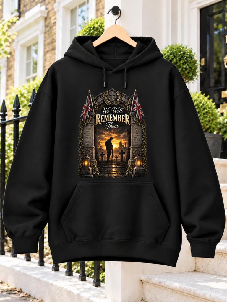 WE WILL REMEMBER THEM Memorial Text, Union Jack Flags, Lone Soldier Silhouette And Sunset Cemetery with Crosses Unisex Hoodie