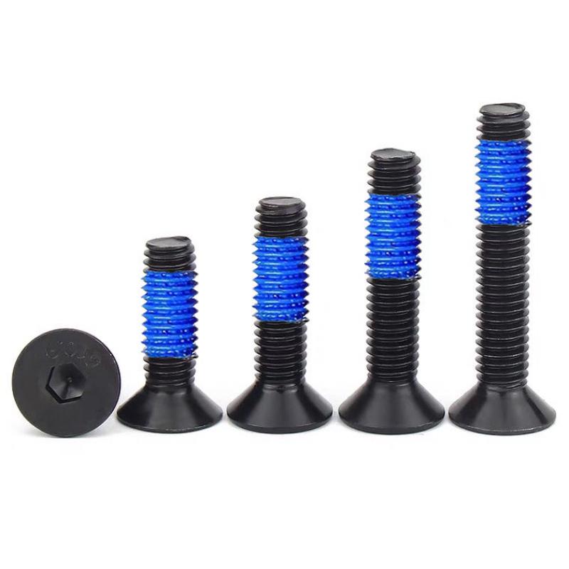 Black Anti-Slip Flat Cup Screw with Adhesive Blue Glue, Countersunk Hexagon Socket, Available in M2-M8 Sizes