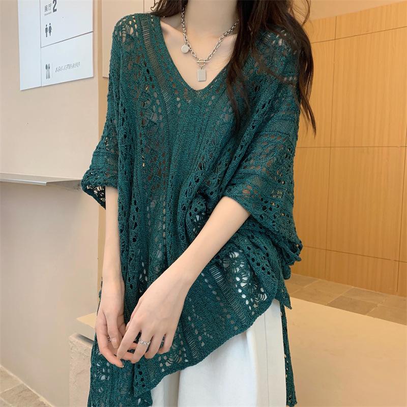 Fashion Loose Hollow Out Sexy Knitted Shirt Women Summer V-neck Casual Sunscreen Blouses Female Short Sleeve Tops
