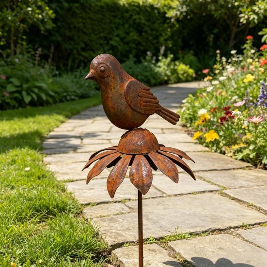 Rostige Gartendekorationsstäbe, Metallblumen Vogel Dekoration, Rostiger Metall Gänseblümchen Vogelstab, Pflanzgefäß Dekorationen für Innen Außen Hinterhof