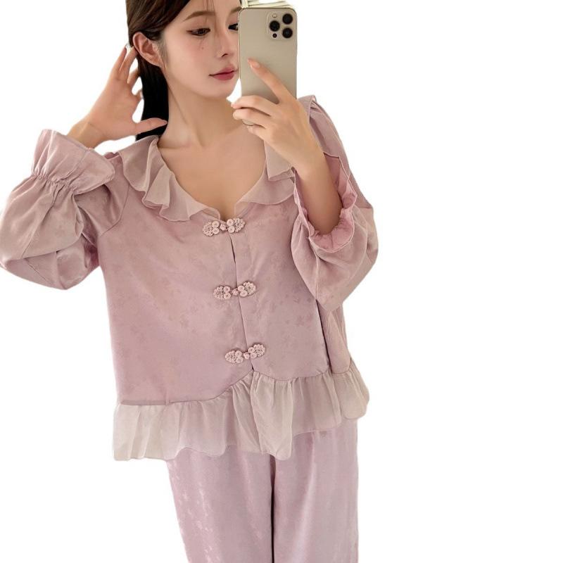 Spring and autumn new ice silk jacquard pajamas women's sweet long-sleeved court style high-end small fragrant style loungewear set