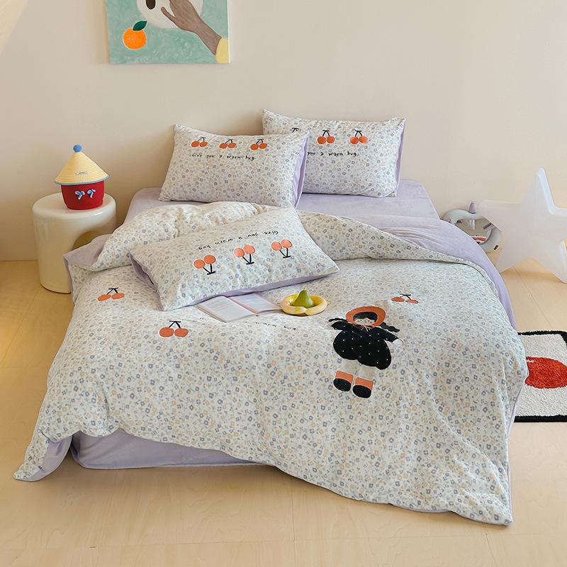 Cartoon Sticker Embroidered Thickened Milk Fleece Four-Piece Set Coral Fleece Thermal Bed Sheet Quilt Cover Student Bedding