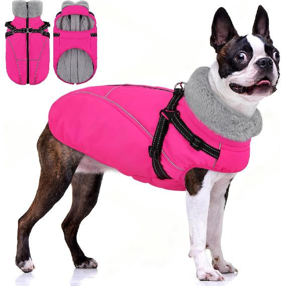 AOFITEE Dog Jacket with Harness Built in, Waterproof Dog Coat for Small Dogs, Warm Fleece Pet Puffer Vest with Zipper on Back & Furry Collar,