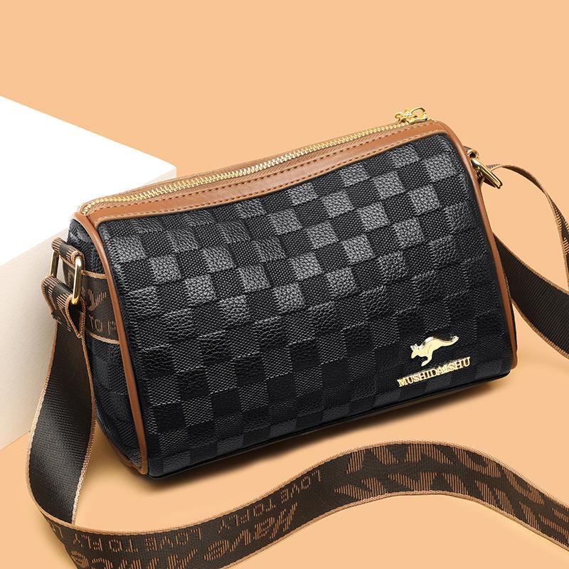 Women's bag new wide shoulder strap women's shoulder bag fashionable checkered soft leather messenger bag pillow bag