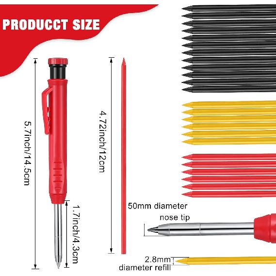 Patelai Mechanical Carpenter Pencils, Construction Pencils Set, Solid Refill Long Nose Deep Hole Woodworking Pencil Markers with Sharpener for