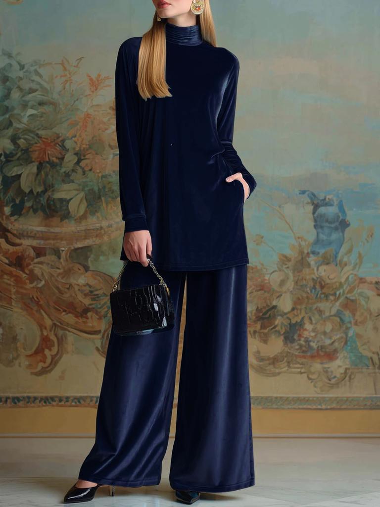 Fall Winter Chunky Velvet Loose Fit High Neck Ripped Hem Top Wide Leg Pants Set