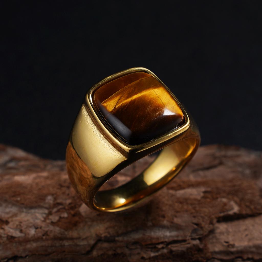 1 Stück Modischer Herren-Tigerauge-Steinring - 316L Edelstahl Klassischer Minimalistischer Business-Stil Ring