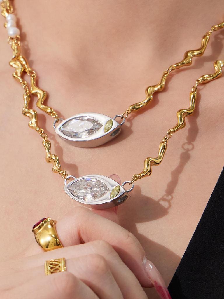 European & American Oval Cut Zircon Pendant with Natural Freshwater Pearl Texture on Stainless Steel Clavicle Necklace