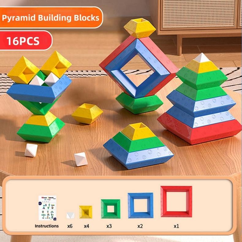 16PCS Pyramid  Building Blocks Assembly Puzzle Toys Intellectual Development Brain Teasers Stacker Toy Magic Tower