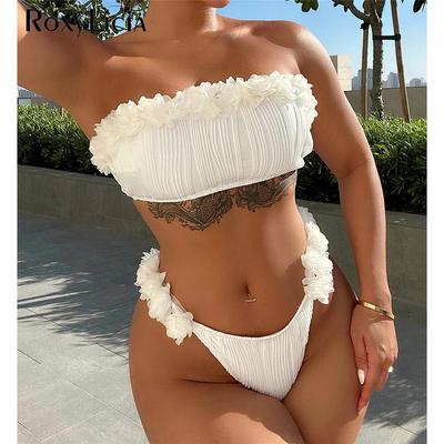 Sexy Bandeau Wrinkled Ruffled Frilled Bikini Female Swimsuit Women Swimwear Two-pieces Bikini Set Bather Bathing Suit Swim