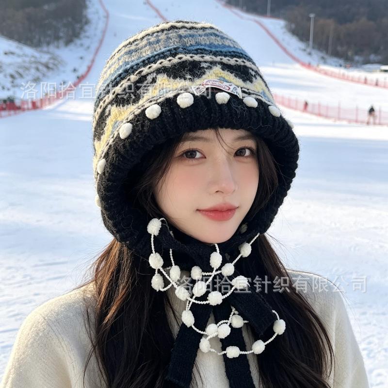 Fair Island knitted headgear female winter face small ear protection warm Lei Feng hat retro ethnic wind windproof wool hat