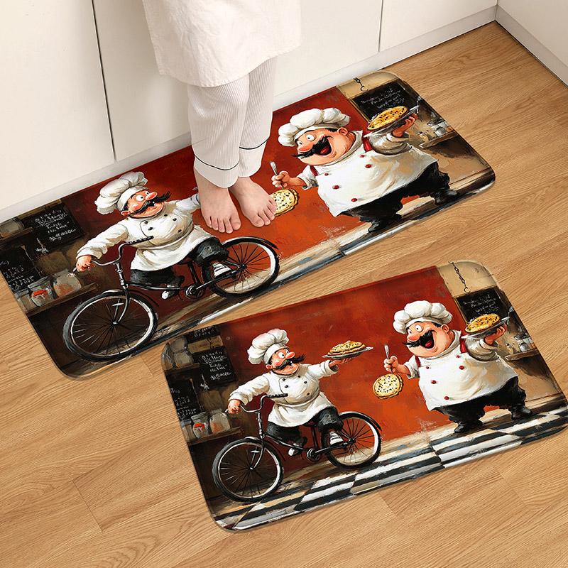 1pc Cartoon Chef Case Flannel Kitchen Floor Mat, Entrance Door Mat, Bedroom Absorbent Door Mat, Living Room Floor Mat, Hand Wash