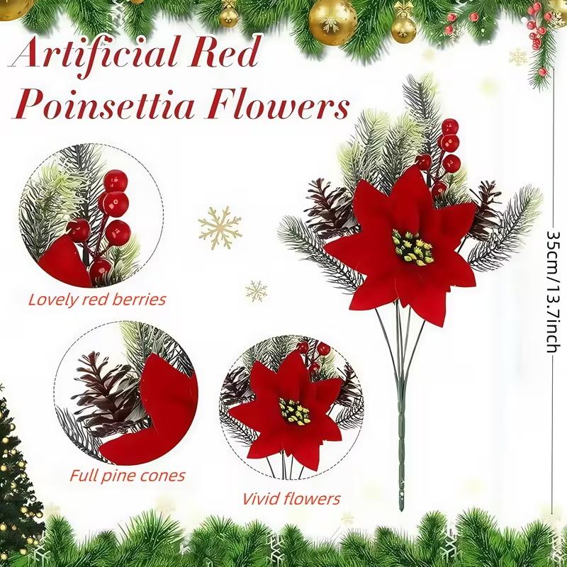 4pcs Artificial Christmas Pine Branches with Red Berries, Artificial Evergreen Branches, Classic Poinsettia Design, Perfect for Halloween, Christmas