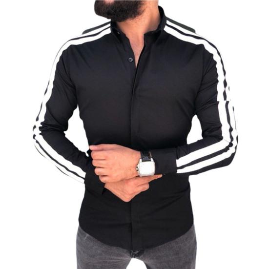 Long Sleeve Turn-down Collar Men Shirt Button Cuffs Side Striped Slim Office Shirt Leisure Clothing