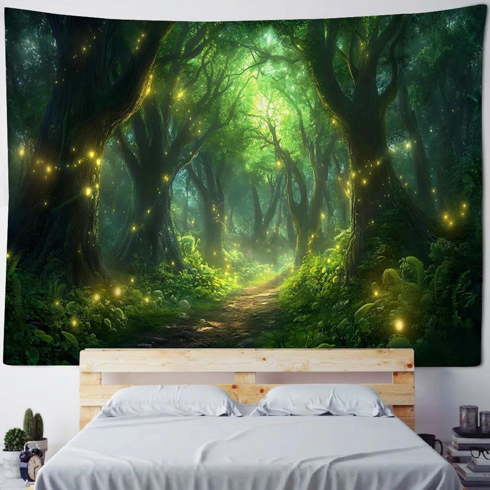Firefly Forest Dreamy Landscape Tapestry Hippie Starry Sky Wall Hanging Cloth Aesthetic Home Art Decoration Poster