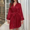 Damen V-Ausschnitt Einfarbig Satin Robe Seide Kimono Bademantel Brautjungfer Hochzeit Braut Party Roben