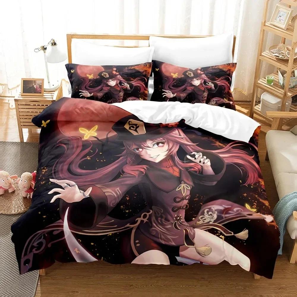 Hu Tao Bedding Set Genshin Impact Duvet Cover 3D Game Home Textile with Pillowcase for Teens Adults Kids Men Women Bedroom Decor