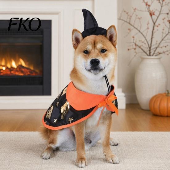Festive Pet Clothing 1 Set Halloween Costume, Cat Wizard Hat And Cape, Cute Pumpkin Costume Print Apparel for Small Dogs Cats Party Wear Adjustable