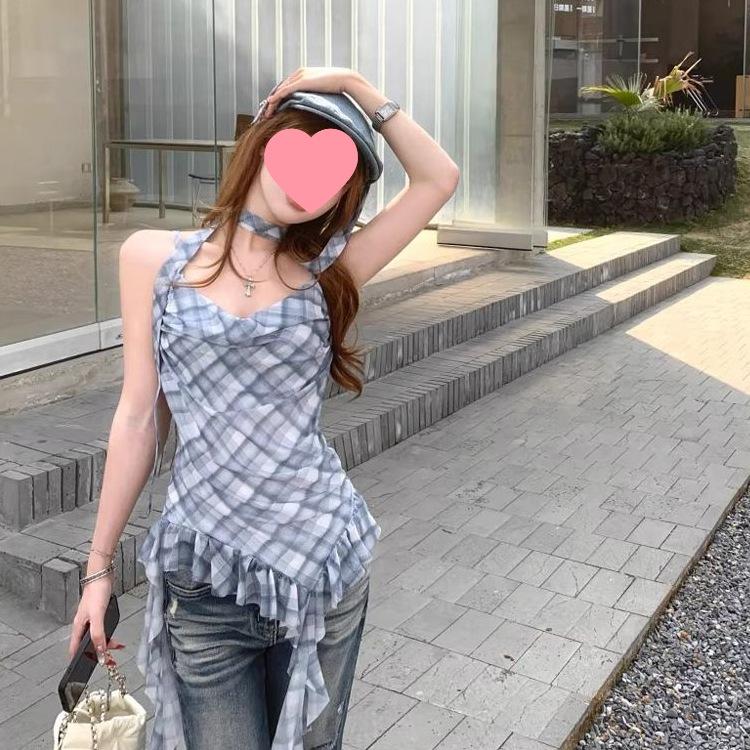 Korean Chic Plaid Camisole with Ruffles and Ribbons – Women's Sleeveless Summer Top