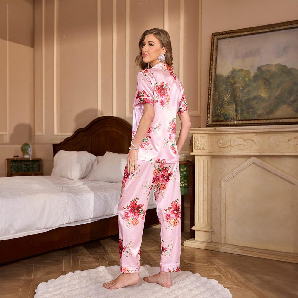 Yaoting Damen Sommer Pyjama Set - Kurzarm, Lange Hose, Modisches Revers, Druckdesign, Lässige Homewear TZ3431