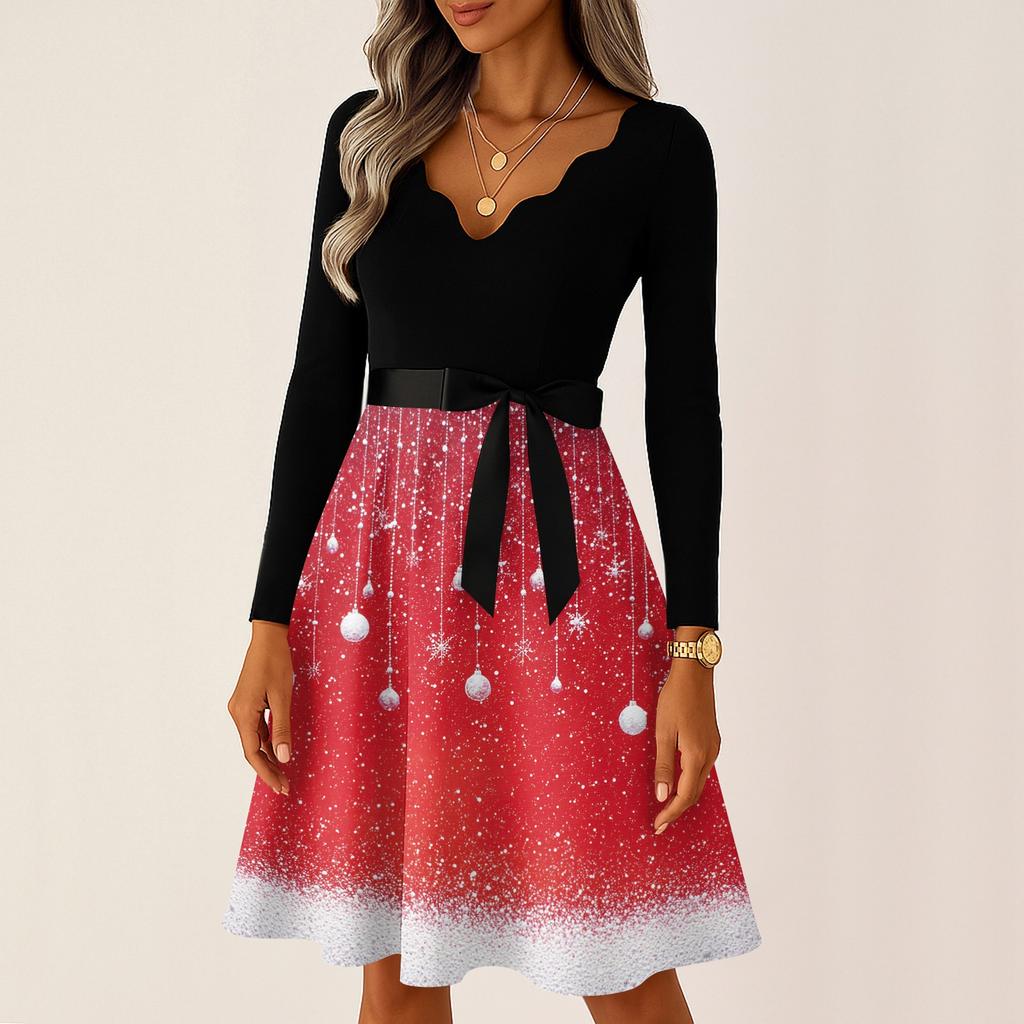 Kvinners avslappet mote langermet julegrafisk trykt vintage lange kjoler