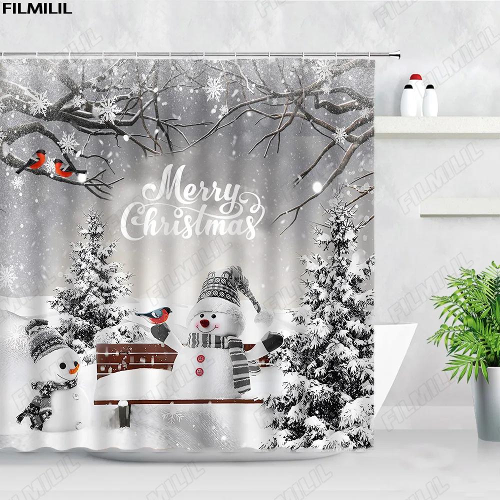 Retro olejomalba Vánoční sprchové závěsy Santa Claus Garland Xmas Tree Vintage krb Novoroční dekorace Sada koupelnových závěsů