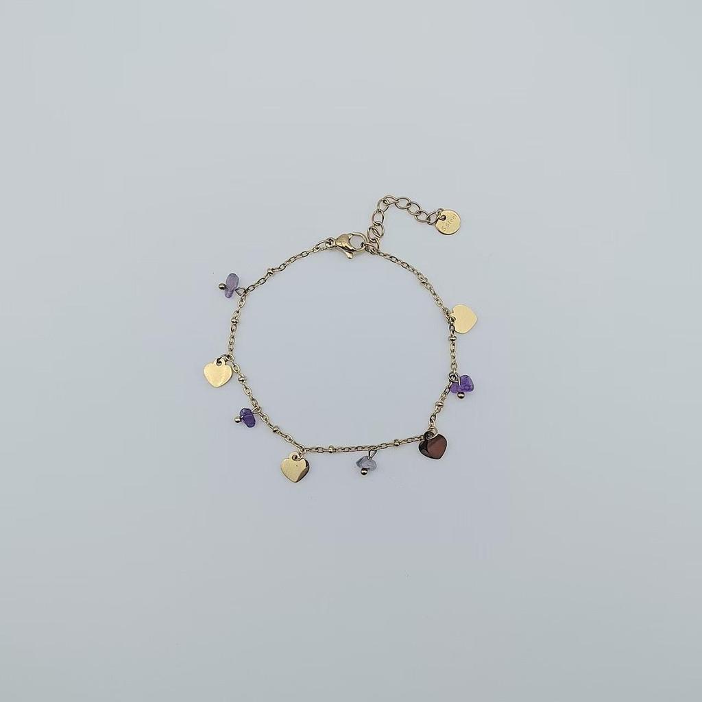 18K Gold Peach Heart Bracelet with Colorful Natural Stones - Minimalist Stainless Steel Women's Jewelry