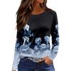 Women's Fashion Casual Slit Hem Round Neck Long Sleeve Loose Printed T-Shirt Ladies Top