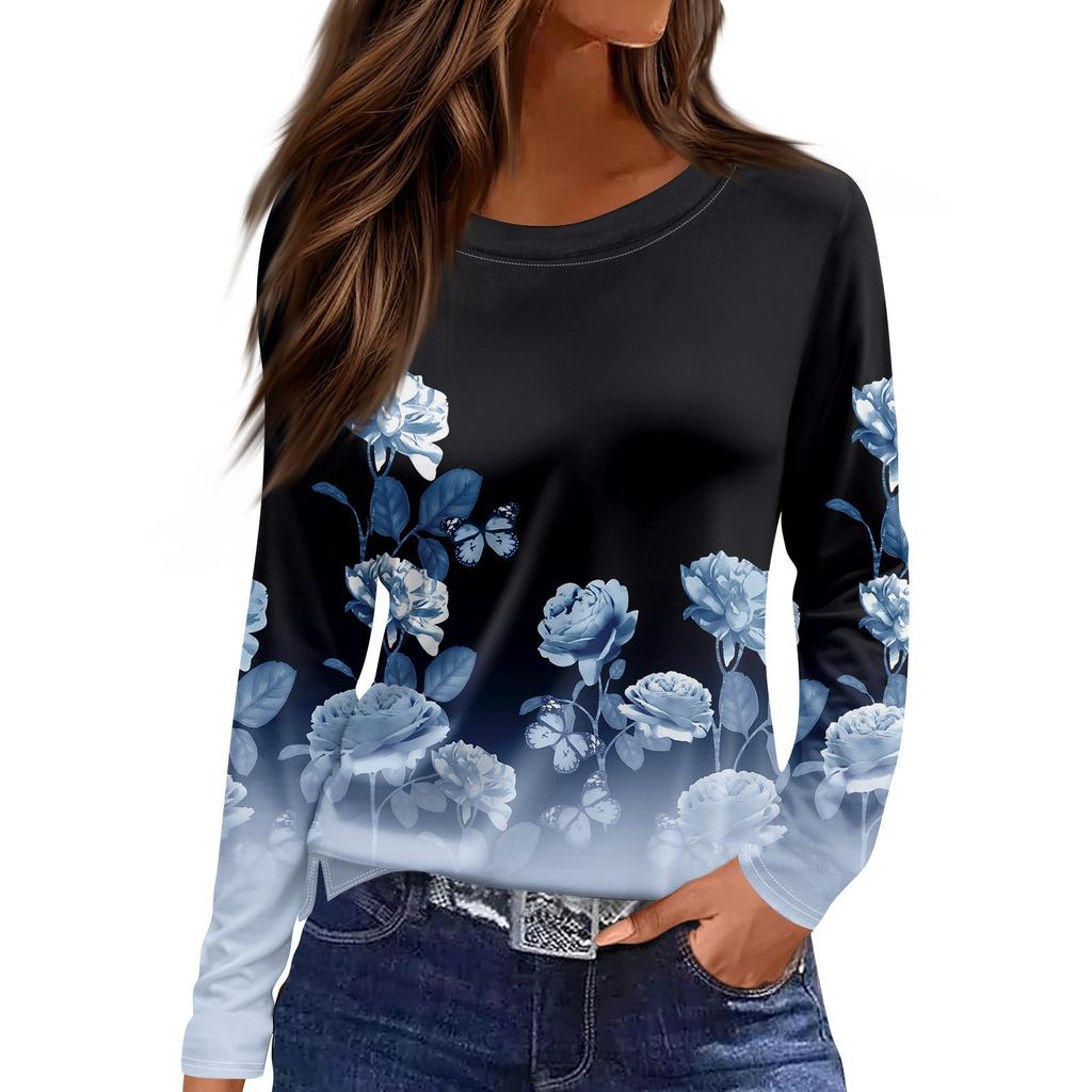 Women's Fashion Casual Slit Hem Round Neck Long Sleeve Loose Printed T-Shirt Ladies Top