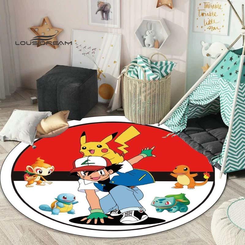 Tappeto rotondo carino dei cartoni animati Pokémon, tappeto per camera da letto e soggiorno, tappetino per sedia girevole per stanza dei bambini e sala giochi, tappetino per divano per il tempo libero Q0
