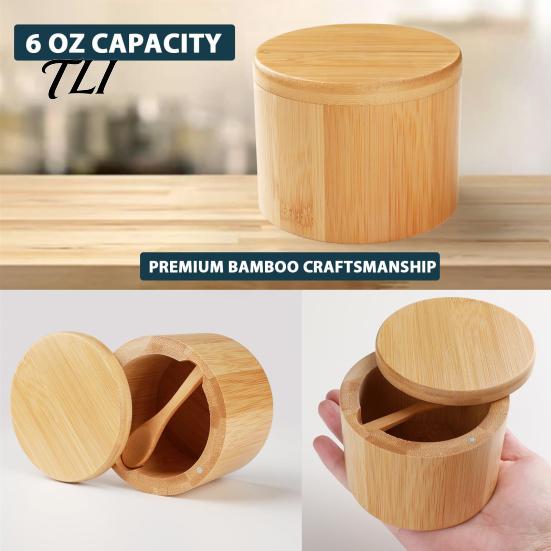 Durable Wooden Seasoning Pot Wood Salt Container with Swivel Magnetic Lid, Built-in Spoon Lid Condiment Holder Jar, Moisture Proof Spice for