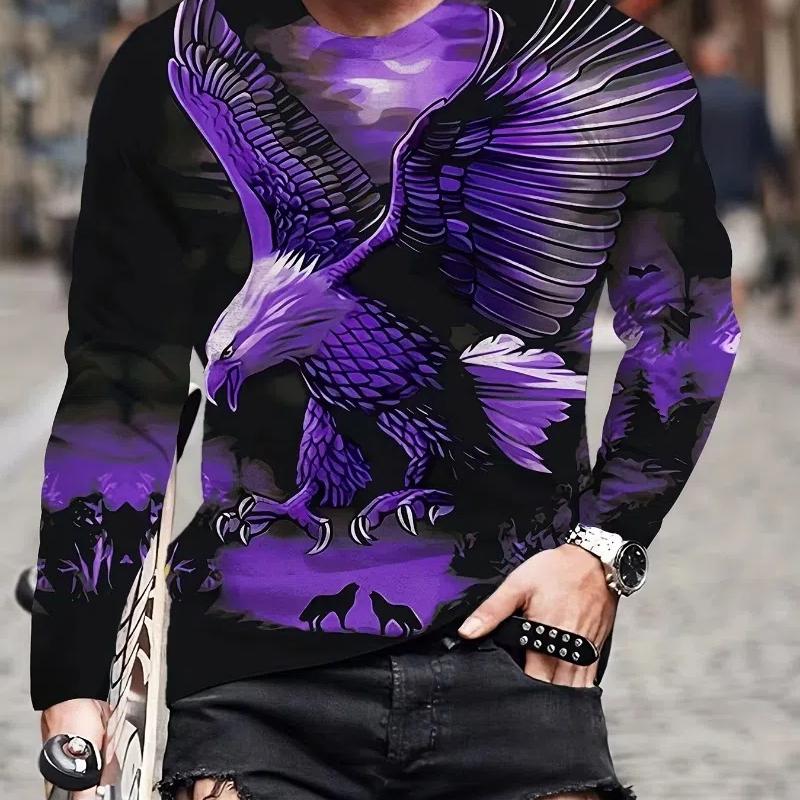 Moda Aquila Stampa Digitale 3D T-Shirt Casual Comoda a Maniche Lunghe Autunno Abbigliamento Fantasia da Uomo Top Regali da Uomo