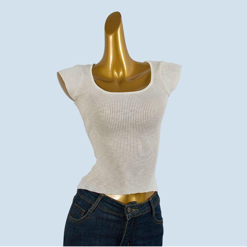 Sweet Flattering Western Style Summer Knitted Feifei Short sleeve Women Slimming Solid Slub Linen All-Match Bottoming Shirt Top