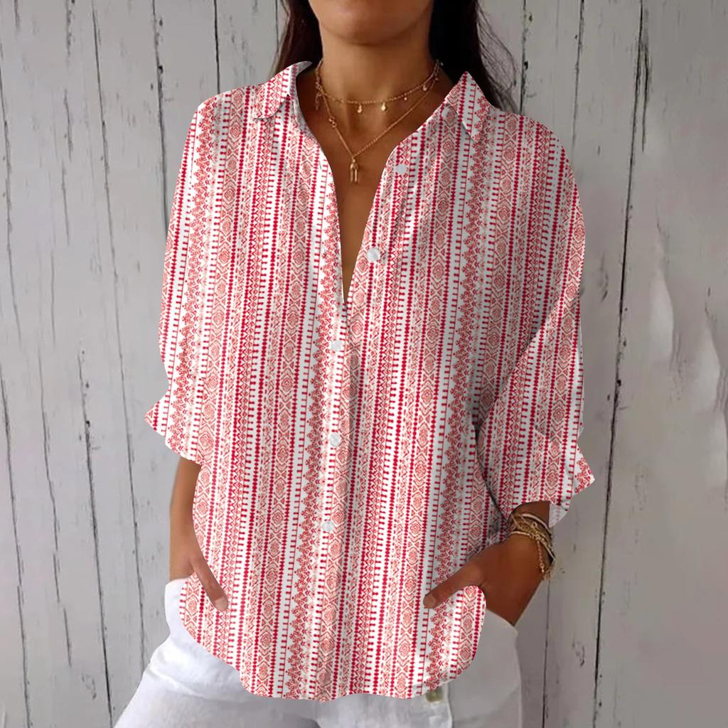 Women's Fashion Seven Sleeve Casual Lapel Back Tie Shirt Printed T-Shirt Top