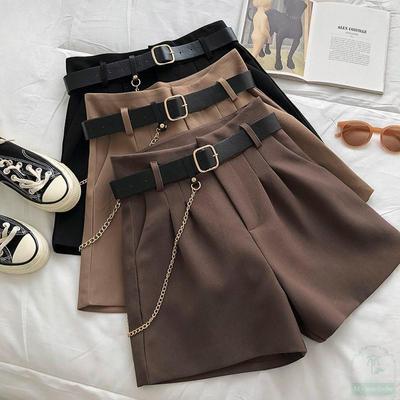 Casual Comfortable Elegant  Shorts With Belt Women's Slim Wide Leg A-line Shorts