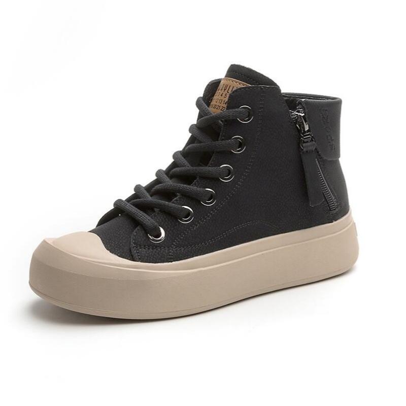 Dames Premium Echt Leer Hoge Sneakers Trendy Platte Zool Laarzen Voor Herfst Winter Casual Schoenen 39 black