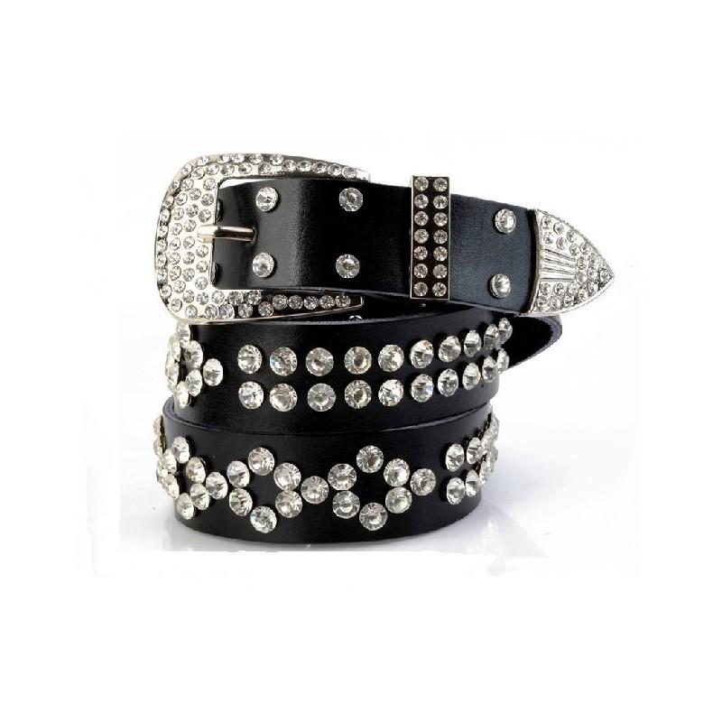 Fashionable Leather Belt For Women With Rhinestone Pattern And Adjustable Pin Closure