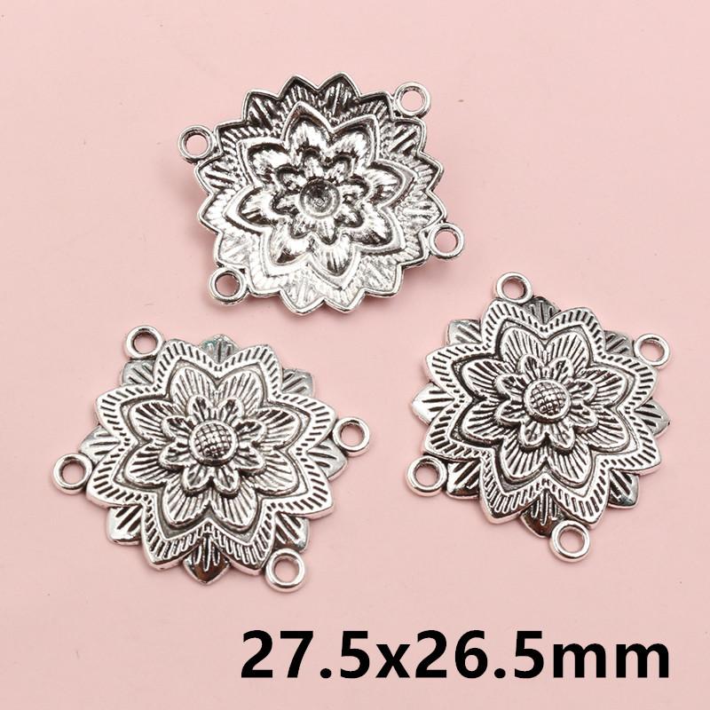 10pcs Antique Silver Plated Boho Vintage Flower Connector Charms Pendant DIY Jewelry Making Accessories Findings