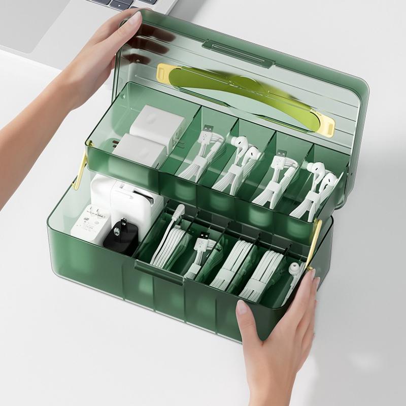 Lidded Cable Organizer Box-Compartmentalized Desktop Cord Manager for Charging Cables & Headphones, Dustproof Drawer Storage Box