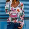 Christmas Women T-shirts  New Autumn Winter Christmas Printed V-neck Long Sleeve Women's T-shirt Fashion Loose Tops