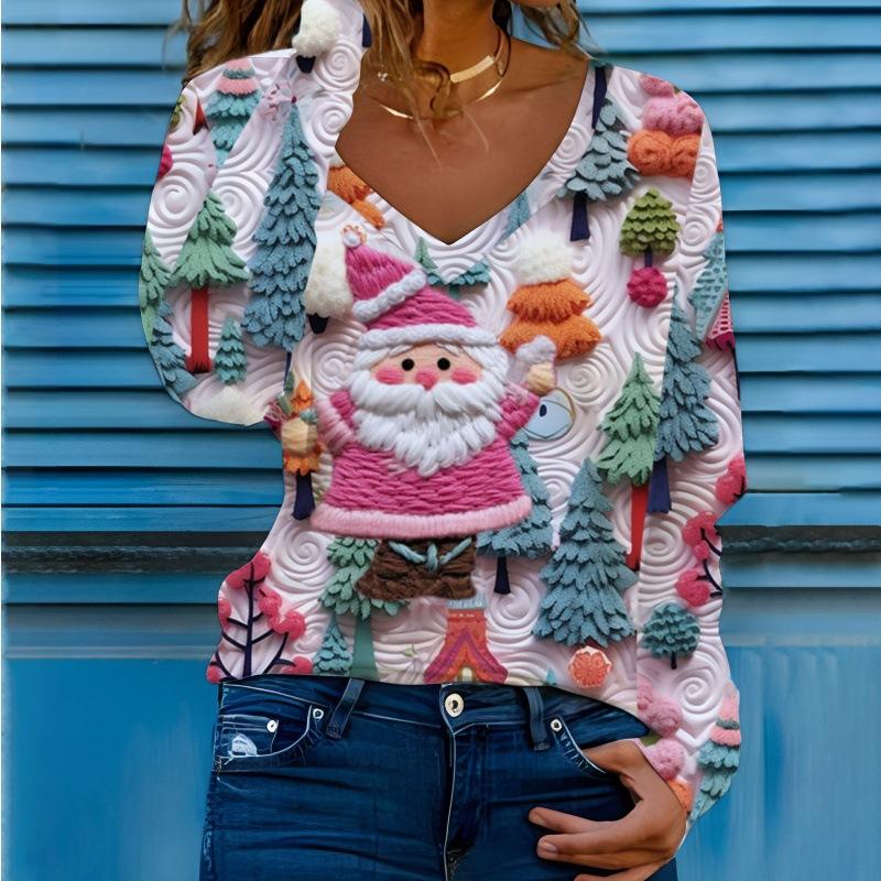 Christmas Women T-shirts  New Autumn Winter Christmas Printed V-neck Long Sleeve Women's T-shirt Fashion Loose Tops