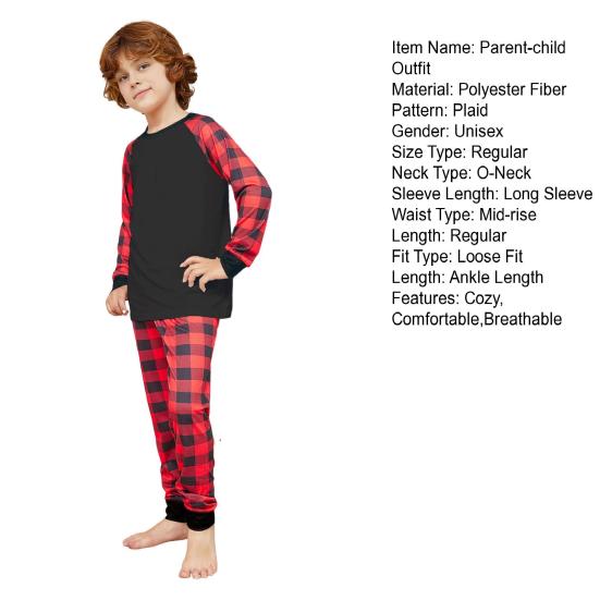 Set 2 Piese Pijamale Asortate Familie Top Mâneci Lungi Gât O Pantaloni Carouri Festiv Părinte-copil