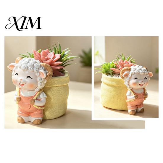 Resin Animal Flower Pot Cute Lamb Planter, Cartoon Sheep Carring Bag Plant Pot, Decorative Planter Small for Succulents, Houseplants, Desk Decoration