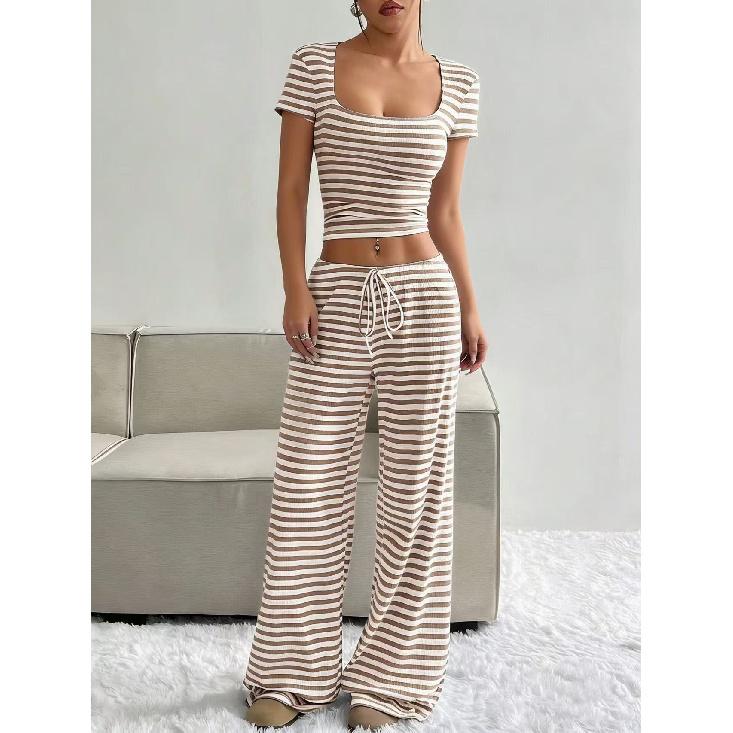 2026 Spring/Summer New Striped Top High-Waisted Slimming Wide-Leg Pants Women's Casual Suit