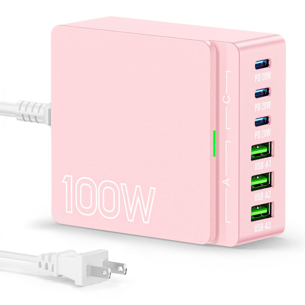 100W 6-Port GaN Quick Charge Hub - PD 3.0 Type C and USB A Charging Case - for Cell Phone Tablet Laptop