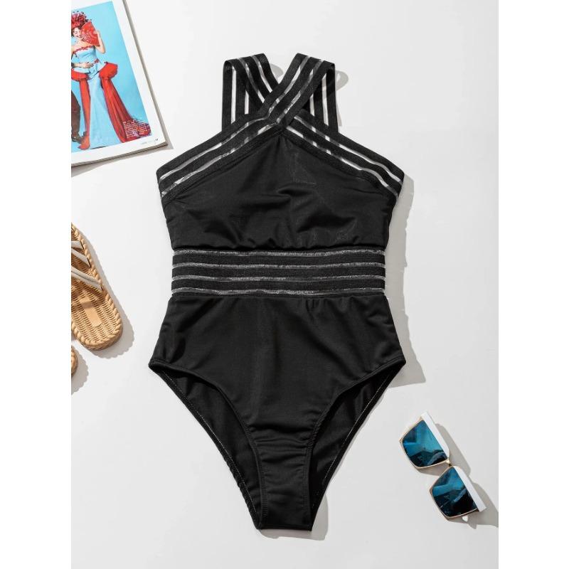 2025 Women One Piece Swimsuit Sexy  Mesh Splicing Swimwear Push Up Bathing Suits Solid Halter Female Beachwear Monokini Bodysuit